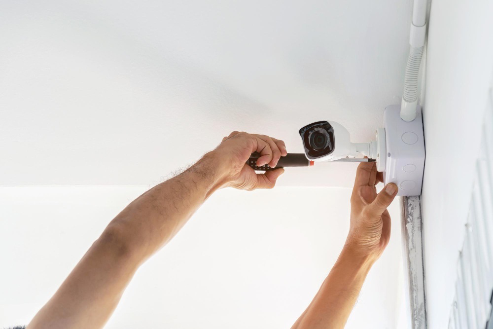 A man installing a CCTV camera at home.
